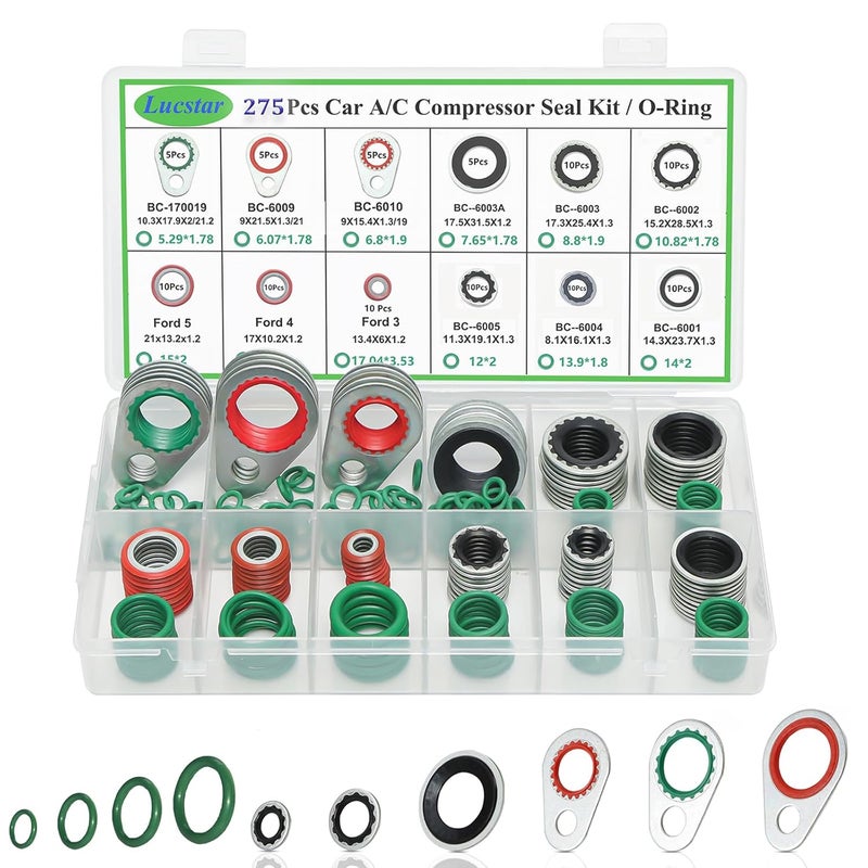 Lucstar Car A/C Compressor Seal Gasket Kit 275PCS Sealing Washers for Automotive Air Conditioning Replacement, A/C O Ring Assortment Kit Valve Core Service Flush Kit, Gasket Sealer R 134a - Image 1